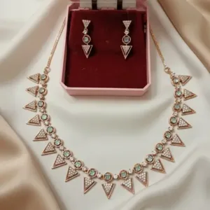 Stylish Rose Gold Plated Triangle Necklace Set with Blue Stones