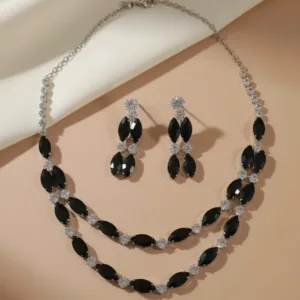 Elegant Black Crystal Double Layer Necklace Set with Silver Finish