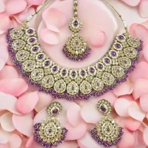 Royal Purple Kundan Bridal Necklace Set with Earrings & Maang Tikka