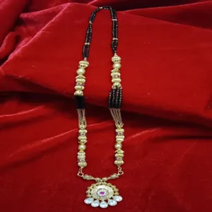 Designer Gold-Plated Long Imitation Mangalsutra with CZ Stones & Black Beads