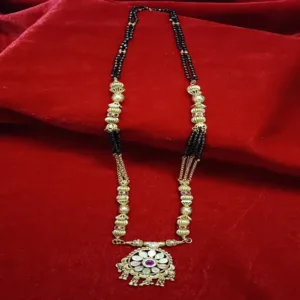 Traditional Gold-Plated Black Bead Mangalsutra with Floral Pendant